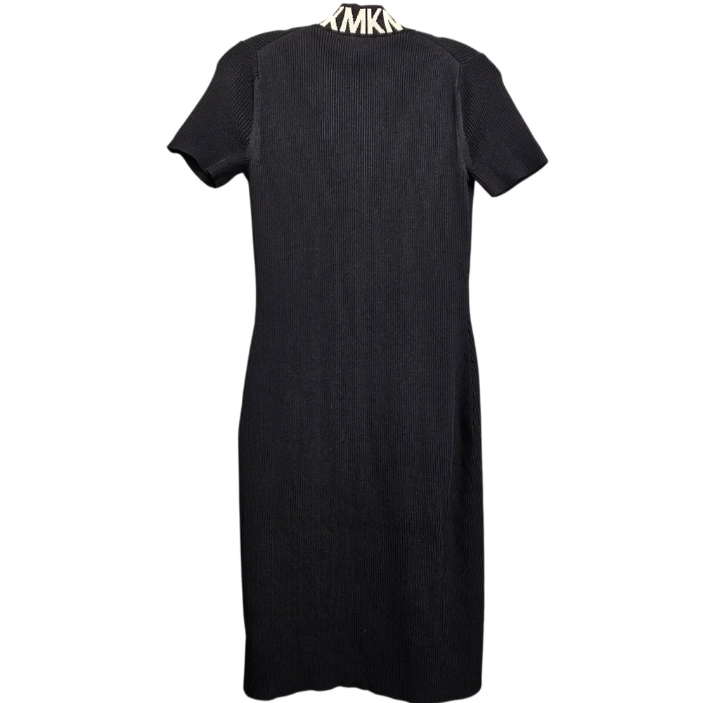 Nwot Michael Kors Black Ribbed Knit MK Logo Neckline Shortsleeve Zipfront Dress - Picture 5 of 17